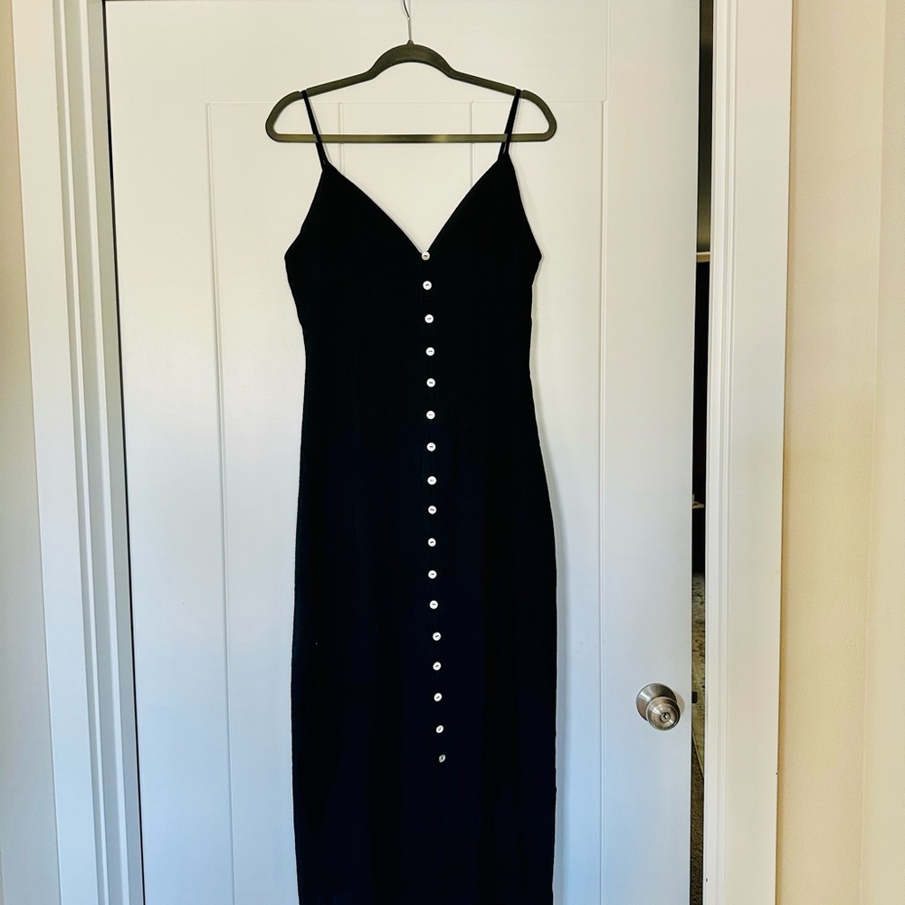 Elegant Linen Black Spaghetti Strap Dress